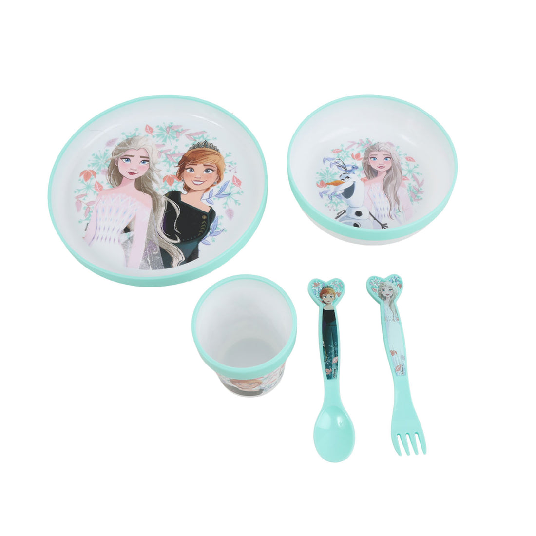 Kids dining set with two character plates, cup, and two utensils