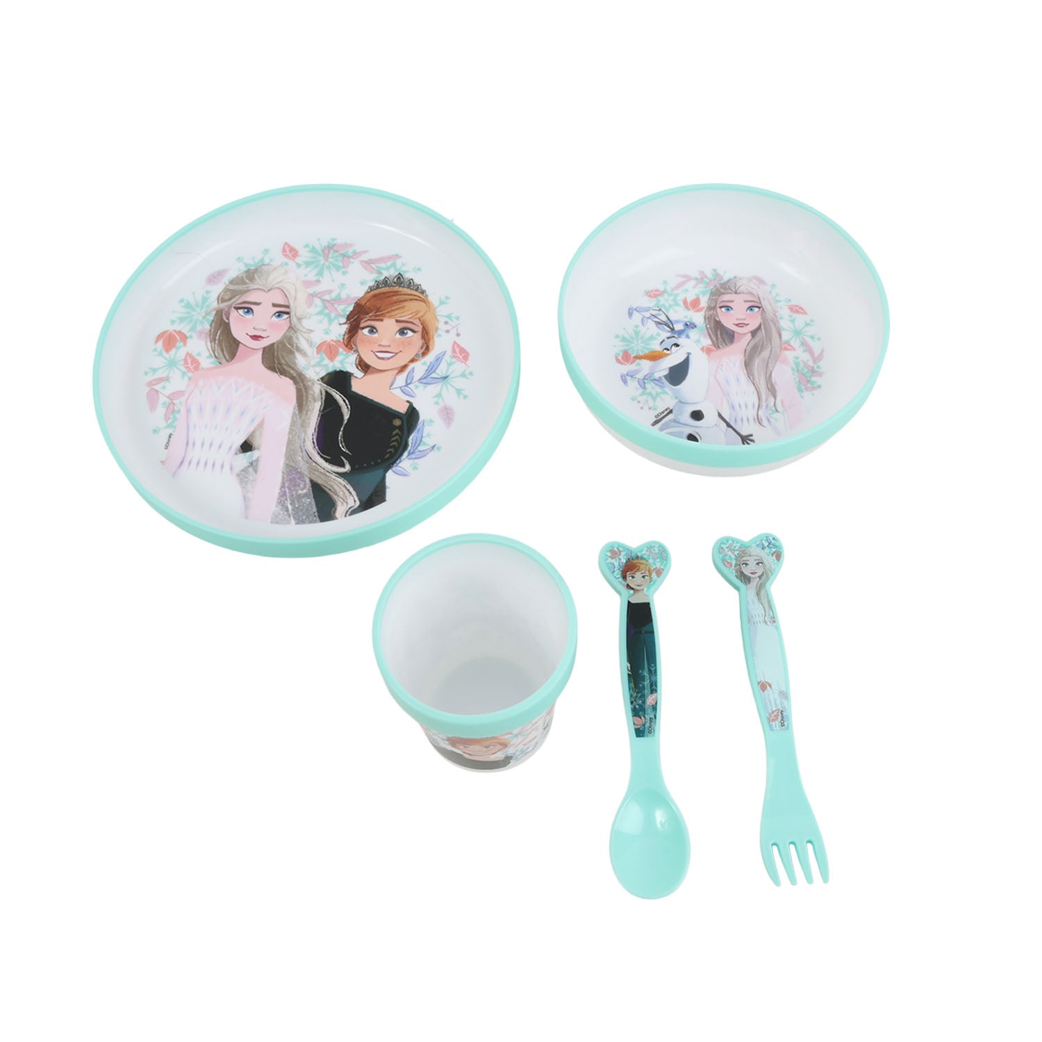 Kids dining set with two character plates, cup, and two utensils