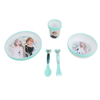 Kids dining set with two character plates, lidded cup, and spoon-and-fork utensils