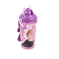 Kids' 465 ml plastic drinking canteen with purple lid, character print and carry strap