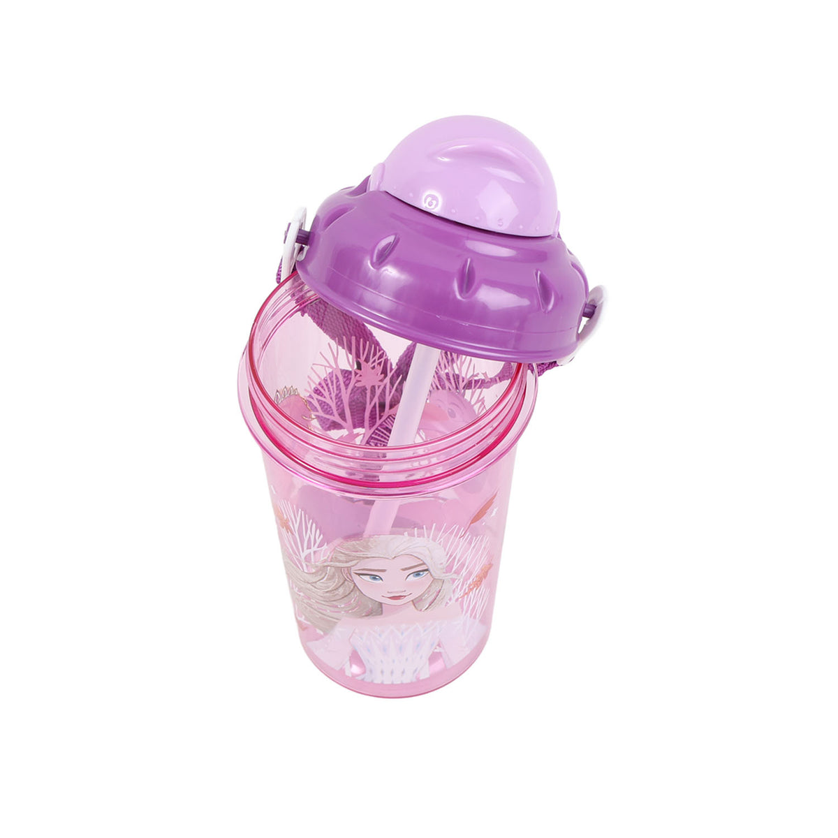 Kids' 465 ml plastic canteen with purple flip-top lid and pink character graphics
