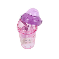 Kids' 465 ml plastic canteen with purple flip-top lid and pink character graphics