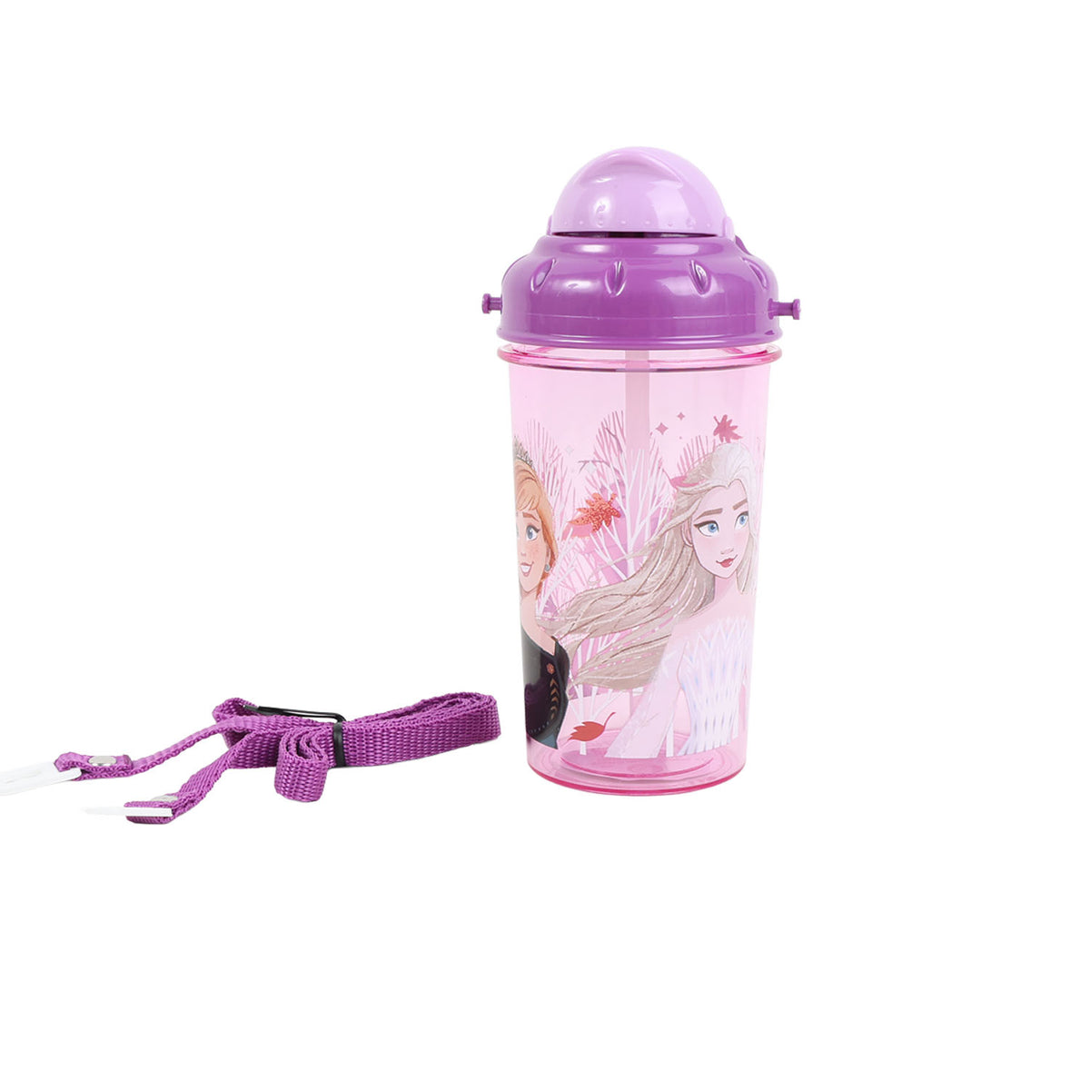 Kids' 465 ml plastic canteen with purple lid, character artwork, and purple carrying strap