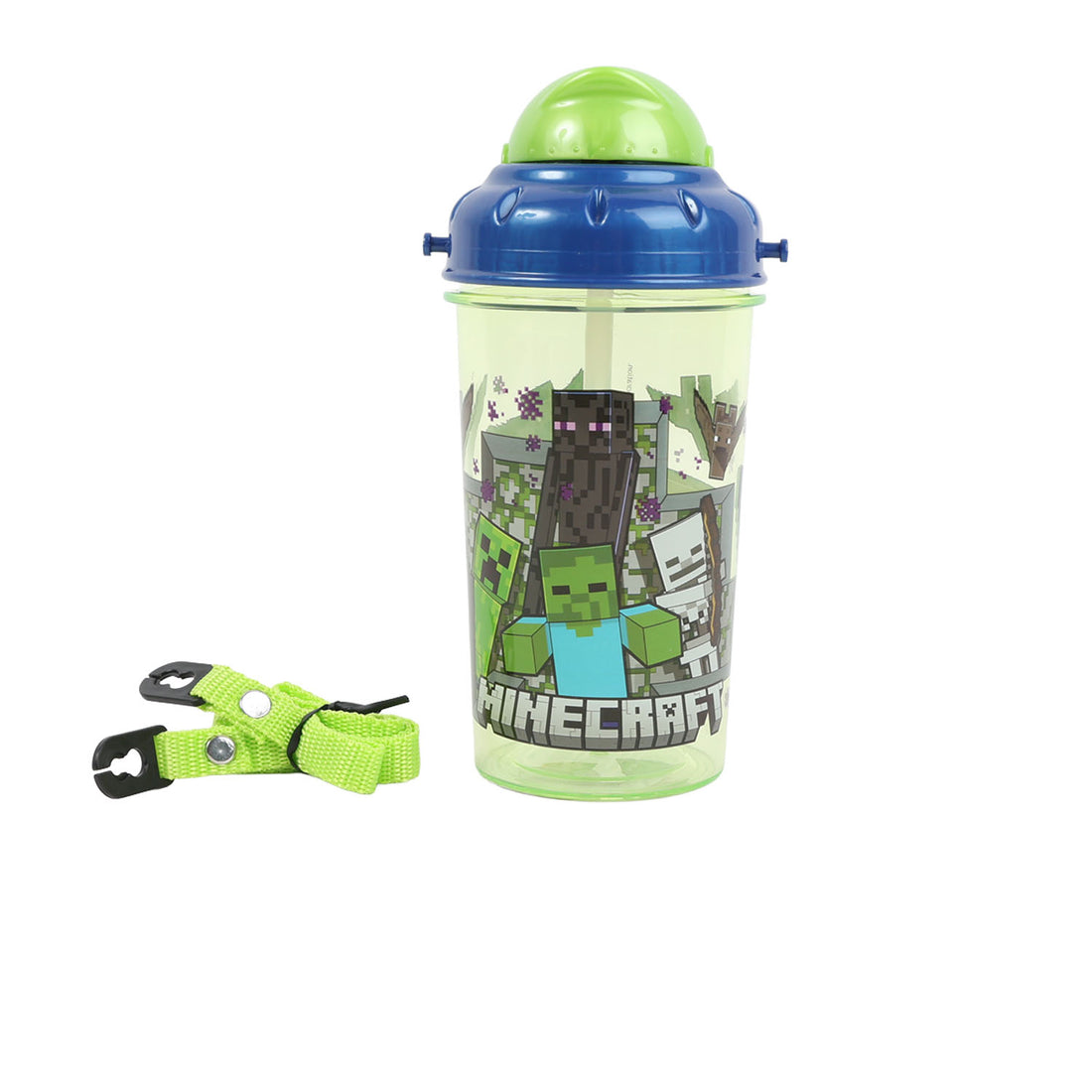 Minecraft single-wall canteen 465 ml, clear body with blue flip-top lid, green lanyard