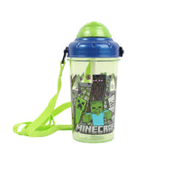 Minecraft single-wall canteen 465 ml, clear bottle with blue lid and green carry strap