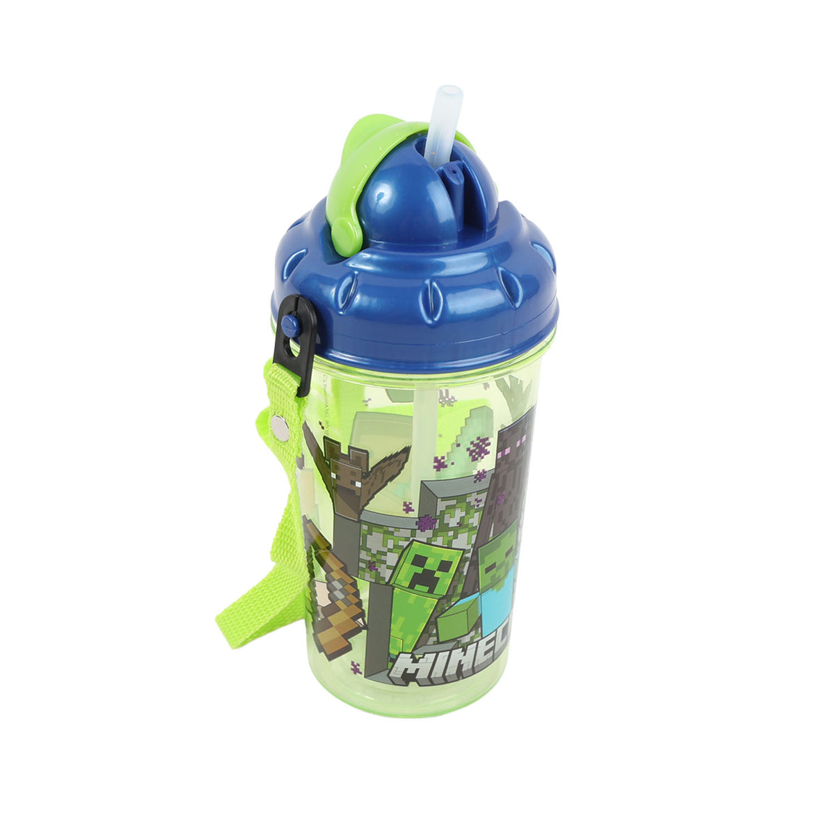 Minecraft single-wall canteen 465 ml with blue lid, green strap, character print