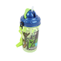 Minecraft single-wall canteen 465 ml with blue lid, green strap, character print