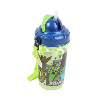 Minecraft single-wall canteen 465 ml with blue lid, green strap, character print
