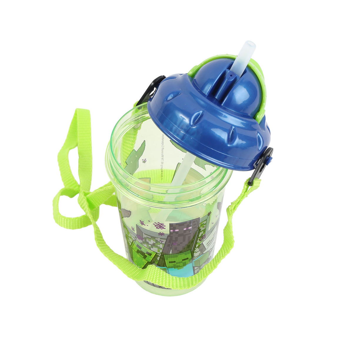 Minecraft single-wall canteen 465 ml, side view with blue lid and green strap over print