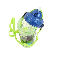 Minecraft single-wall canteen 465 ml, side view with blue lid and green strap over print