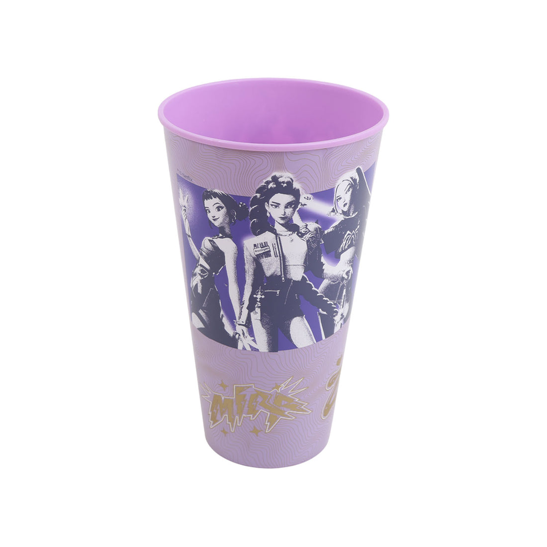 Purple 1L tumbler with stylized character graphic and gold text logo