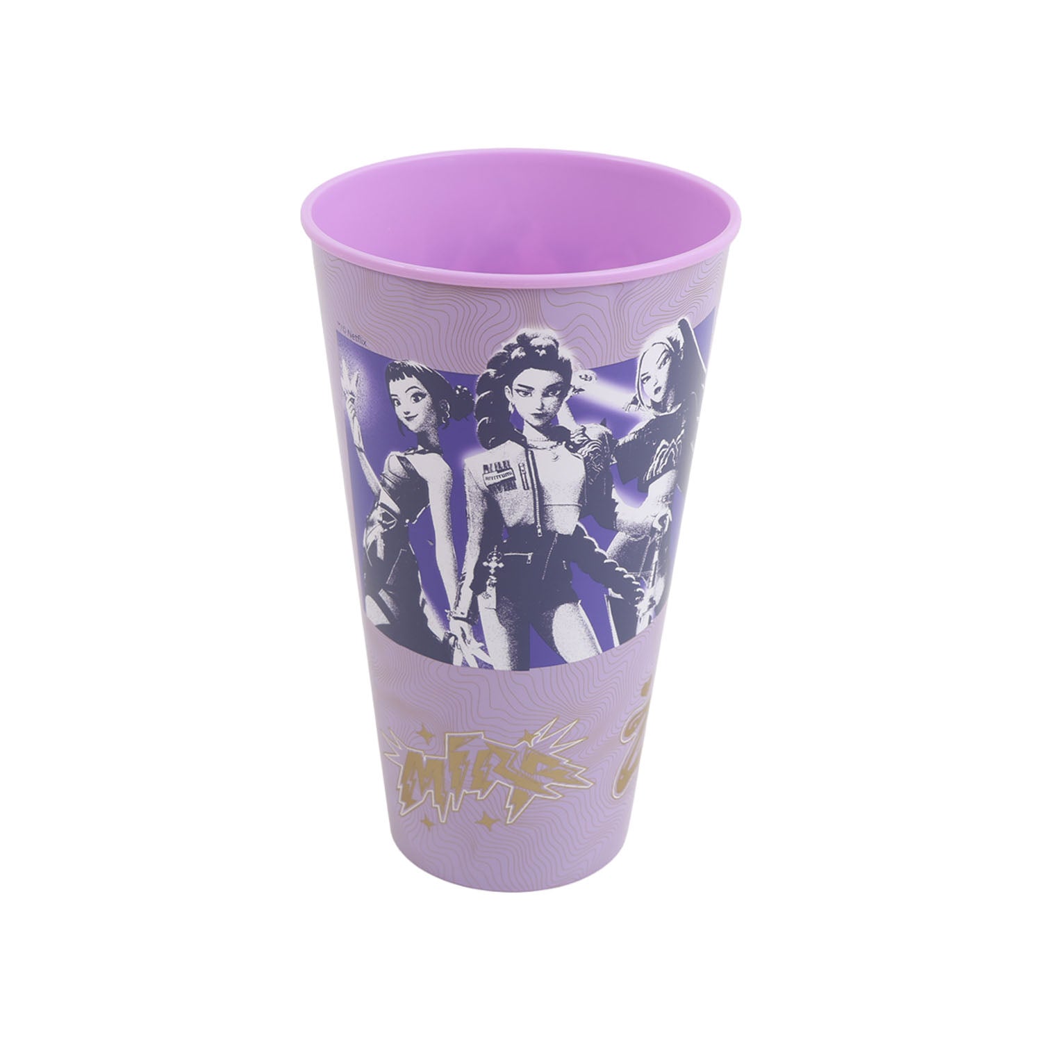 Purple 1L tumbler with stylized character graphic and gold text logo