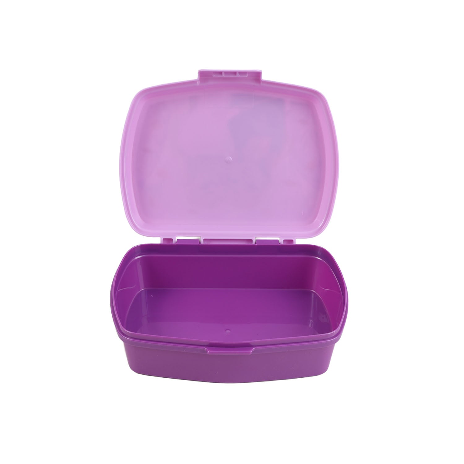 Purple sandwich box open with empty interior and snap-top lid