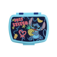Sandwich box with light blue trim and Stitch cartoon graphic on the front