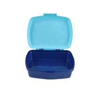 Sandwich box with light blue lid and dark blue base, open storage compartment