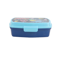 Sandwich box with light blue top, dark blue body, colorful graphic on lid