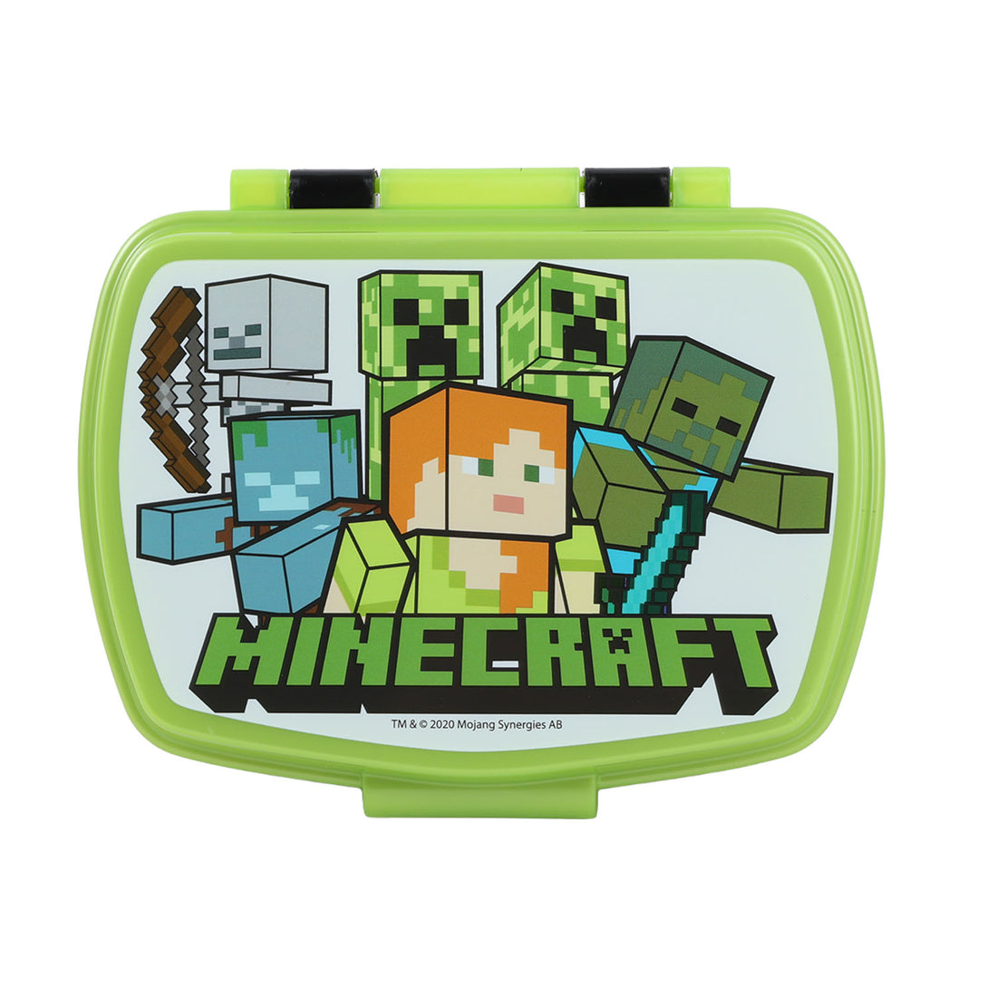 Green Minecraft-themed sandwich box with hinged lid and character artwork