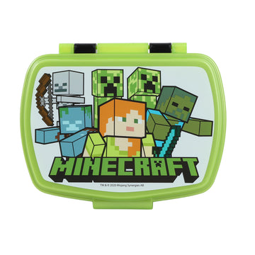 Green Minecraft-themed sandwich box with hinged lid and character artwork