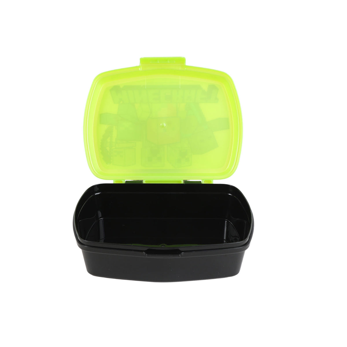 Kids sandwich box with open lid; translucent green cover over black interior