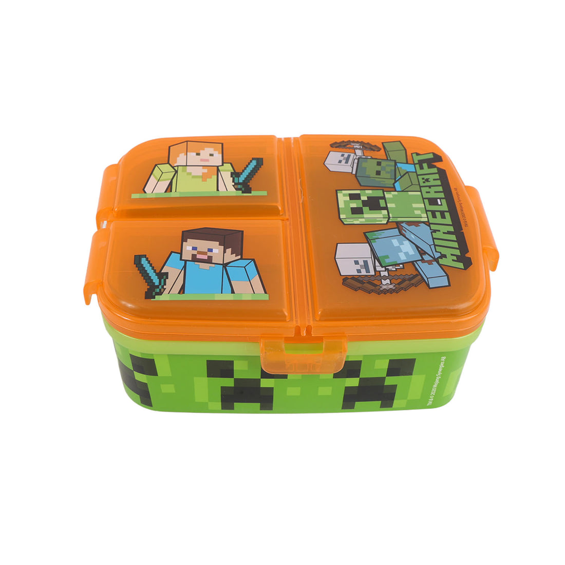 Rectangular compartment sandwich box with orange open lid and green base, Minecraft graphics
