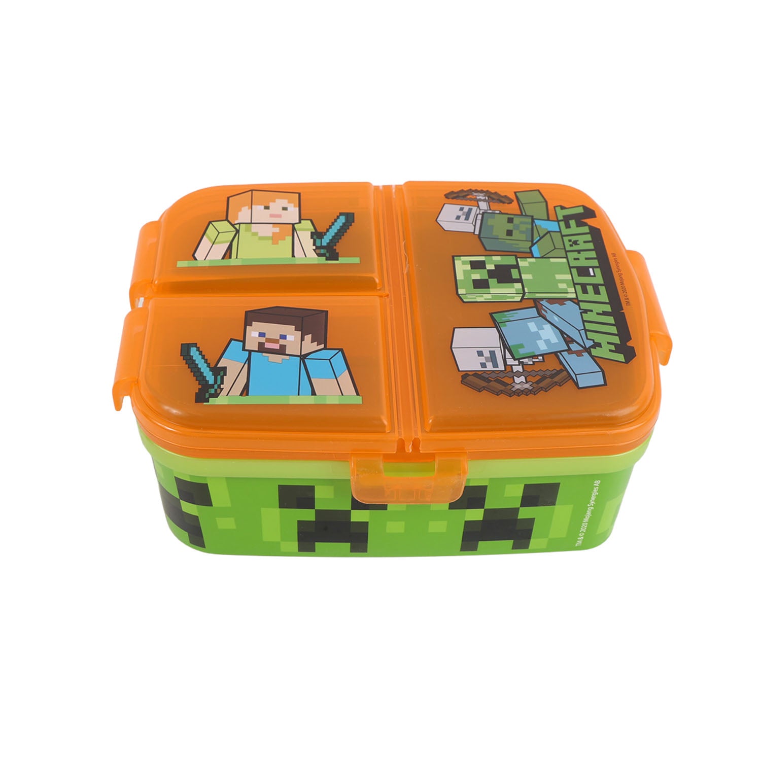 Rectangular compartment sandwich box with orange open lid and green base, Minecraft graphics