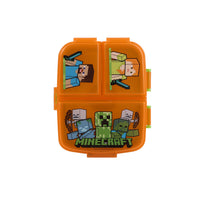 Rectangular sandwich box with orange lid and four-panel Minecraft character art, pixel details