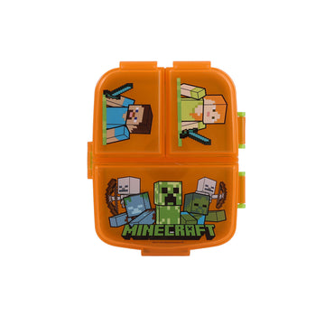 Rectangular sandwich box with orange lid and four-panel Minecraft character art, pixel details