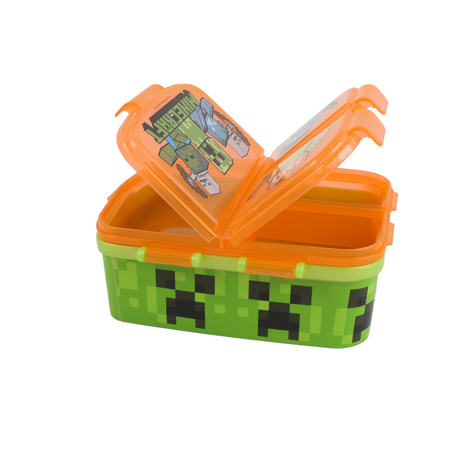 Rectangular compartment sandwich box with orange lid and green pixel character print