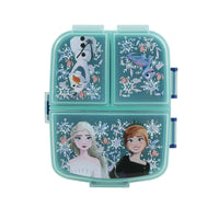 Rectangular sandwich box with translucent teal lid and character artwork on four panels