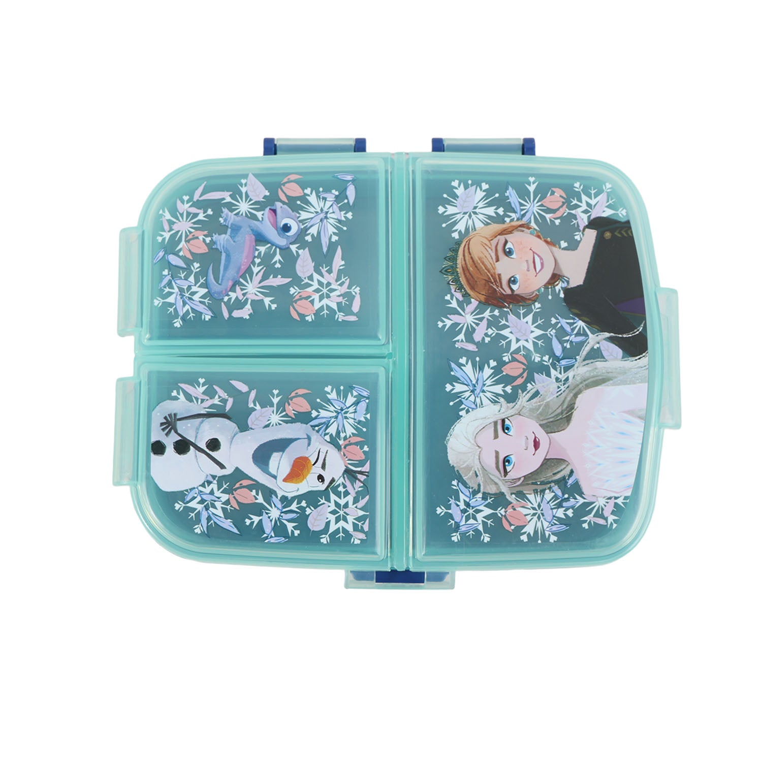 Rectangular sandwich box with open teal lid, divided interior and character artwork