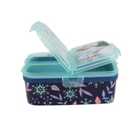 Rectangular sandwich box with open lid, teal top and dark navy snowflake print