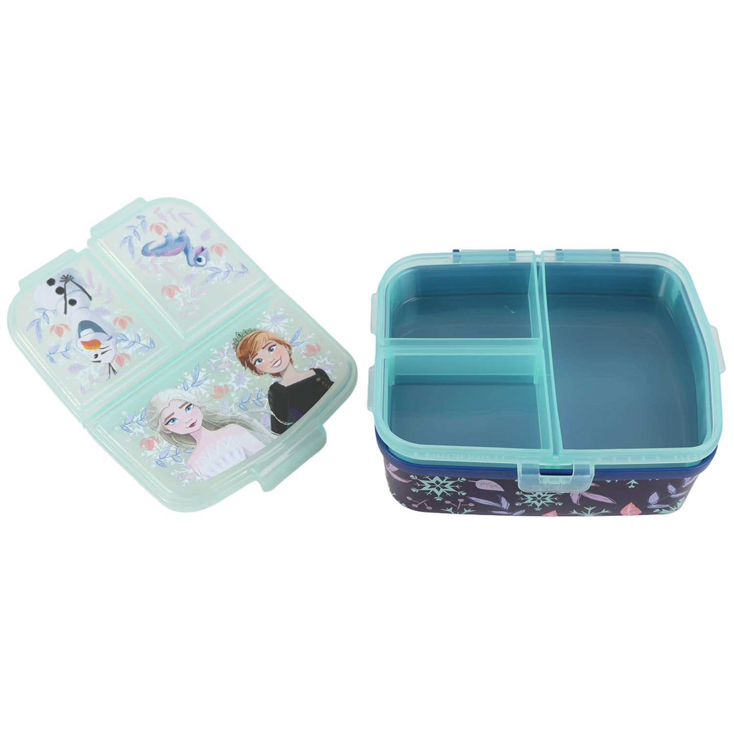 Rectangular sandwich box, teal hinged lid and blue divided interior with winter characters