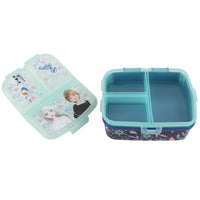 Rectangular sandwich box, teal hinged lid and blue divided interior with winter characters