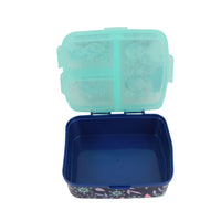 Open rectangular lunch box: teal lid, empty navy base with winter snowflake print