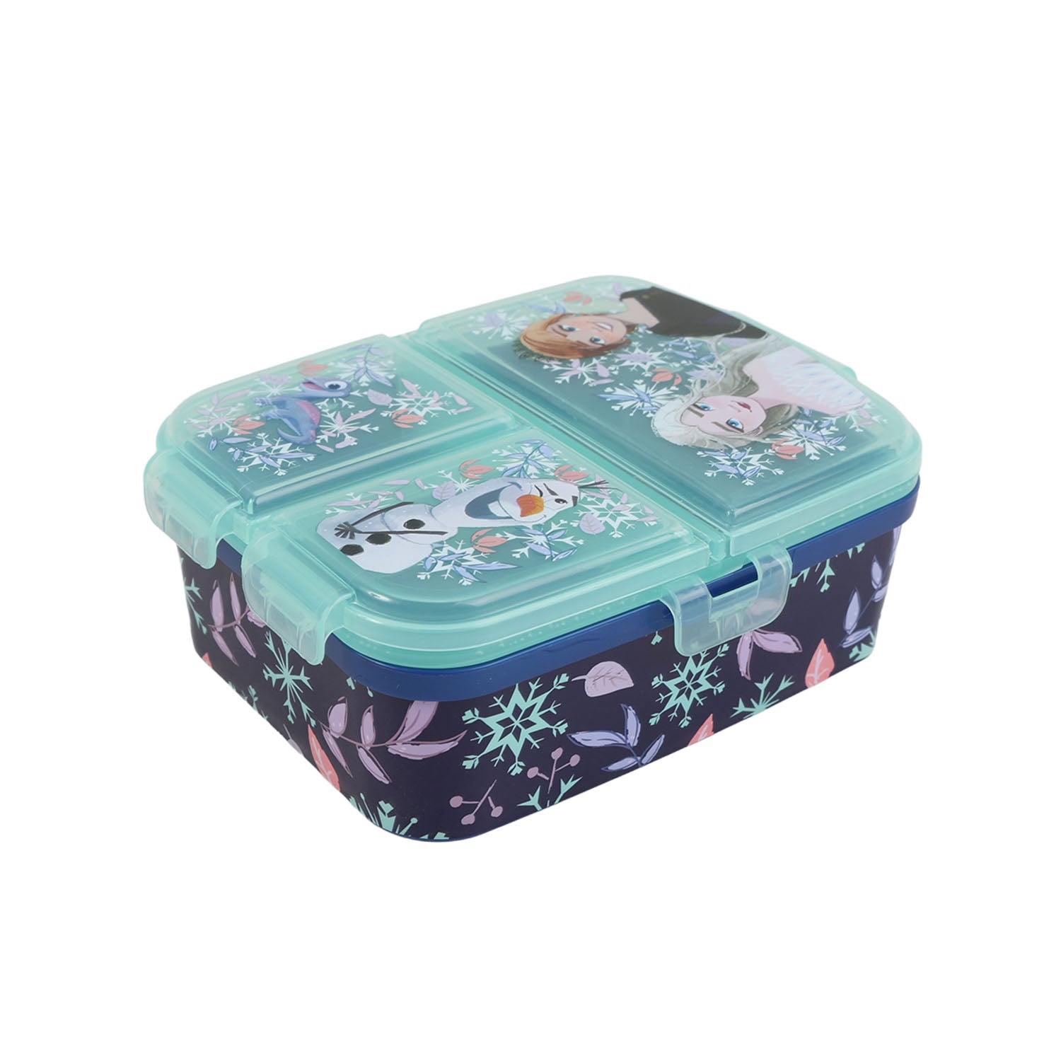 Rectangular sandwich box with teal lid and dark navy winter animal and snowflake print