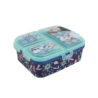 Rectangular sandwich box with teal lid and dark navy winter animal and snowflake print