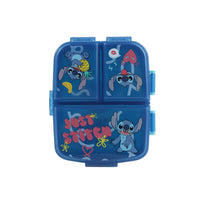 Rectangular kids lunch box with blue lid and colorful Stitch cartoon art on front