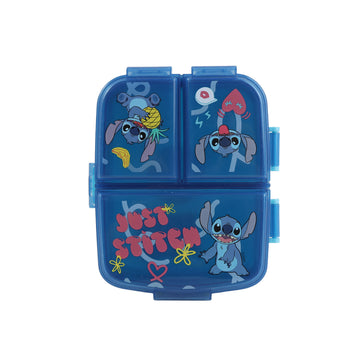 Rectangular kids lunch box with blue lid and colorful Stitch cartoon art on front