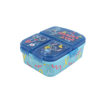 Blue rectangular kids sandwich box with colorful Stitch-themed print and clasped lid