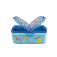 Rectangular kids sandwich box with blue lid and colorful sea-animal pattern, open