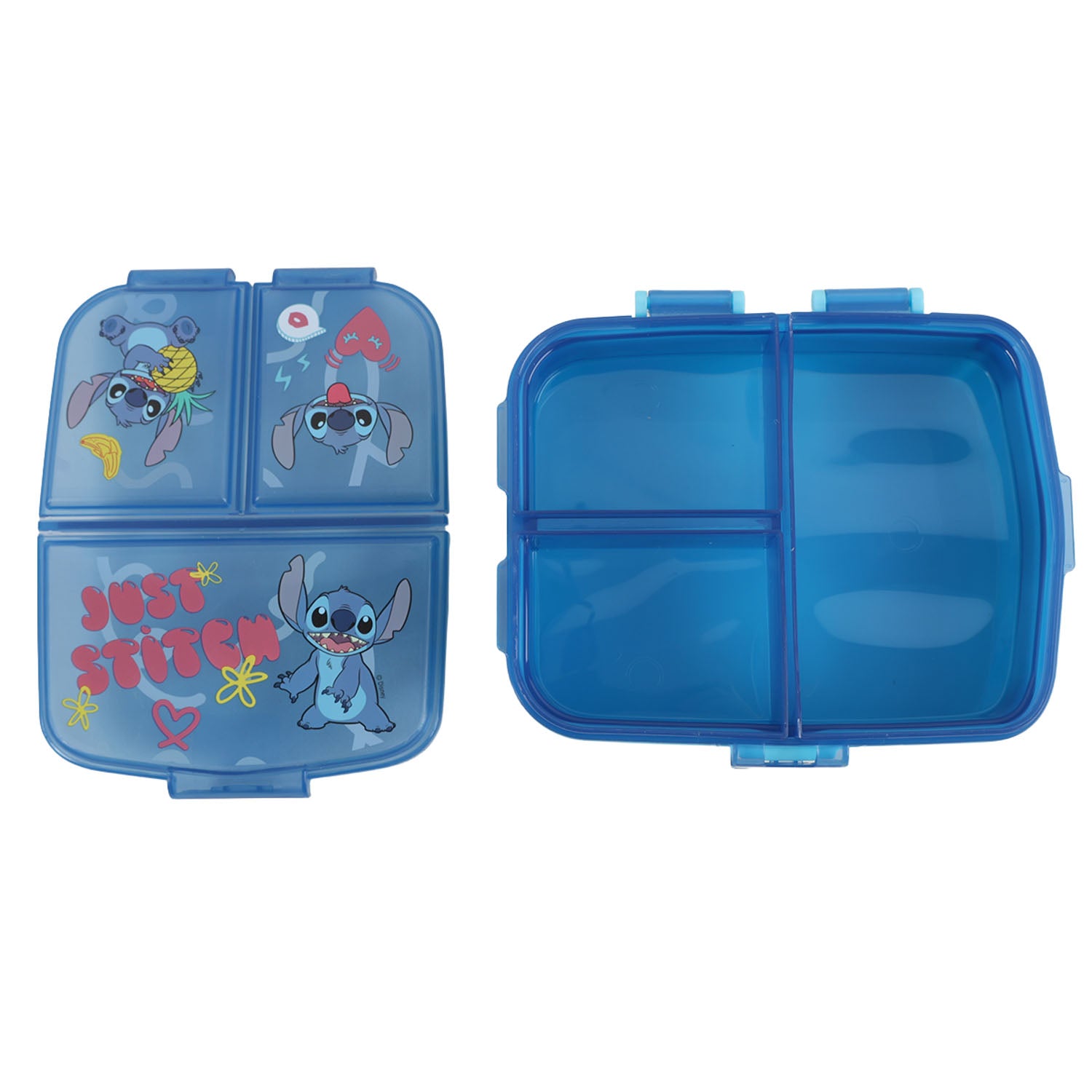 Kids lunch box with blue hinged lid showing split compartments and cartoon animal graphics