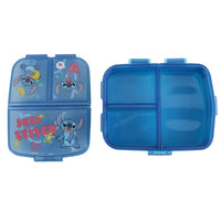 Kids lunch box with blue hinged lid showing split compartments and cartoon animal graphics