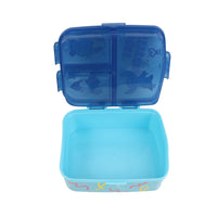 Blue kids sandwich box open with clear lid panels and light blue inner tray