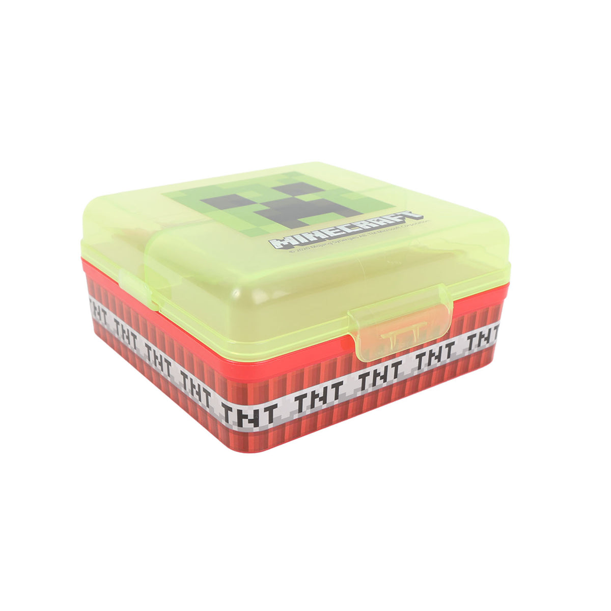 Minecraft square sandwich box, closed: light green lid with Minecraft art, red TNT base