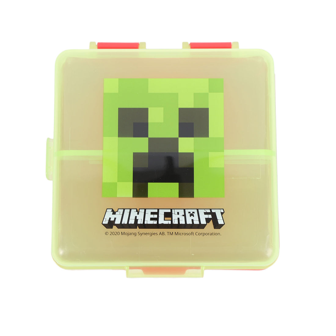 Minecraft sandwich box front: light green lid shows Creeper graphic and Minecraft logo