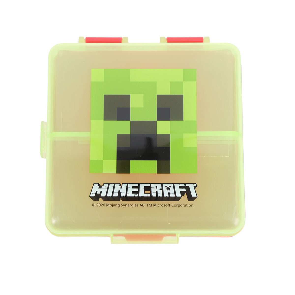 Minecraft sandwich box front: light green lid shows Creeper graphic and Minecraft logo