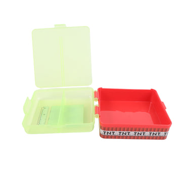 Minecraft square sandwich box open: translucent light green lid with red tray