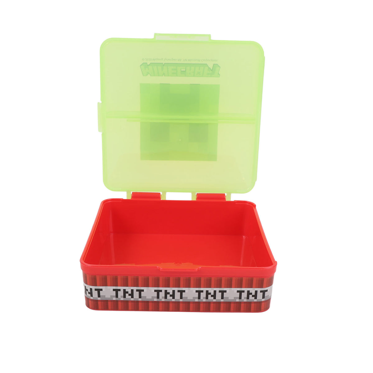 Minecraft square sandwich box with lid open, red empty tray and light green top