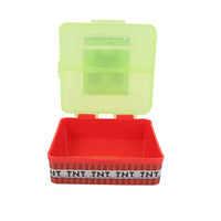 Minecraft square sandwich box with lid open, red empty tray and light green top