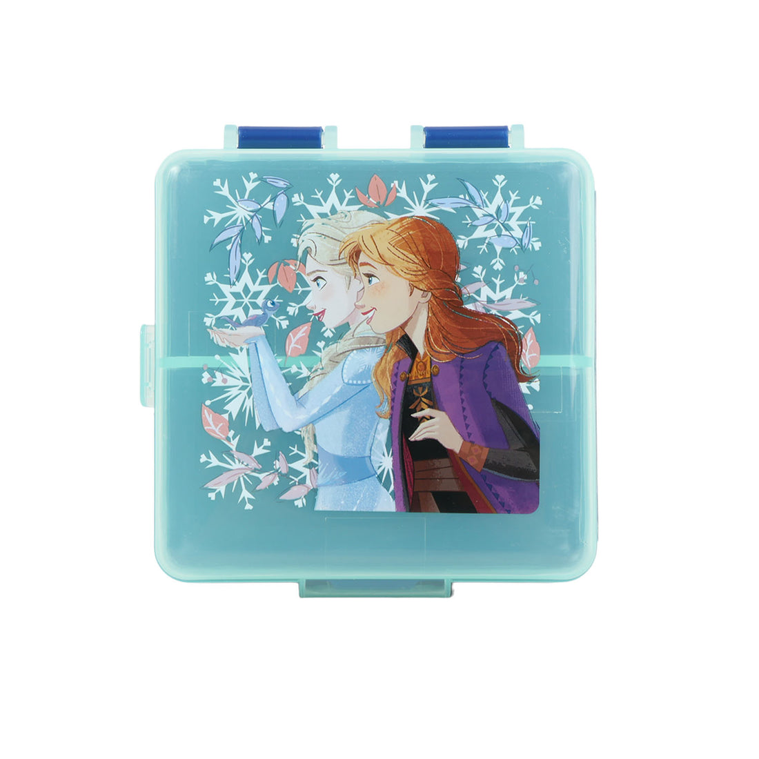 Square sandwich lunch box with light blue lid and front character winter scene